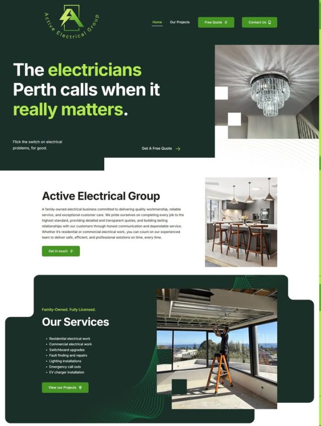 Homepage 94 Switched on and ready to go! ⚡We just powered up a fresh new website for Active Electrical Group, a family-owned electrical business keeping Perth's northern suburbs switched on, day and night. From switchboard upgrades to emergency call-outs, these guys don't leave you in the dark, and now their website matches that energy. https://activeelectricalgroup.com.au/
If your own website is feeling a little dim, or worse, nonexistent, we'd love to give your business the same current we're giving theirs. We build websites for tradies and small businesses right across Perth, and we always aim to leave a lasting impression, sparks included.
Check out what we do for tradies here: www.creativewarrior.com.au/websites-for-perth-tradies/, or send us a DM or WhatsApp on 0414 838 321 to get the current flowing for your business too.
Active Electrical Group